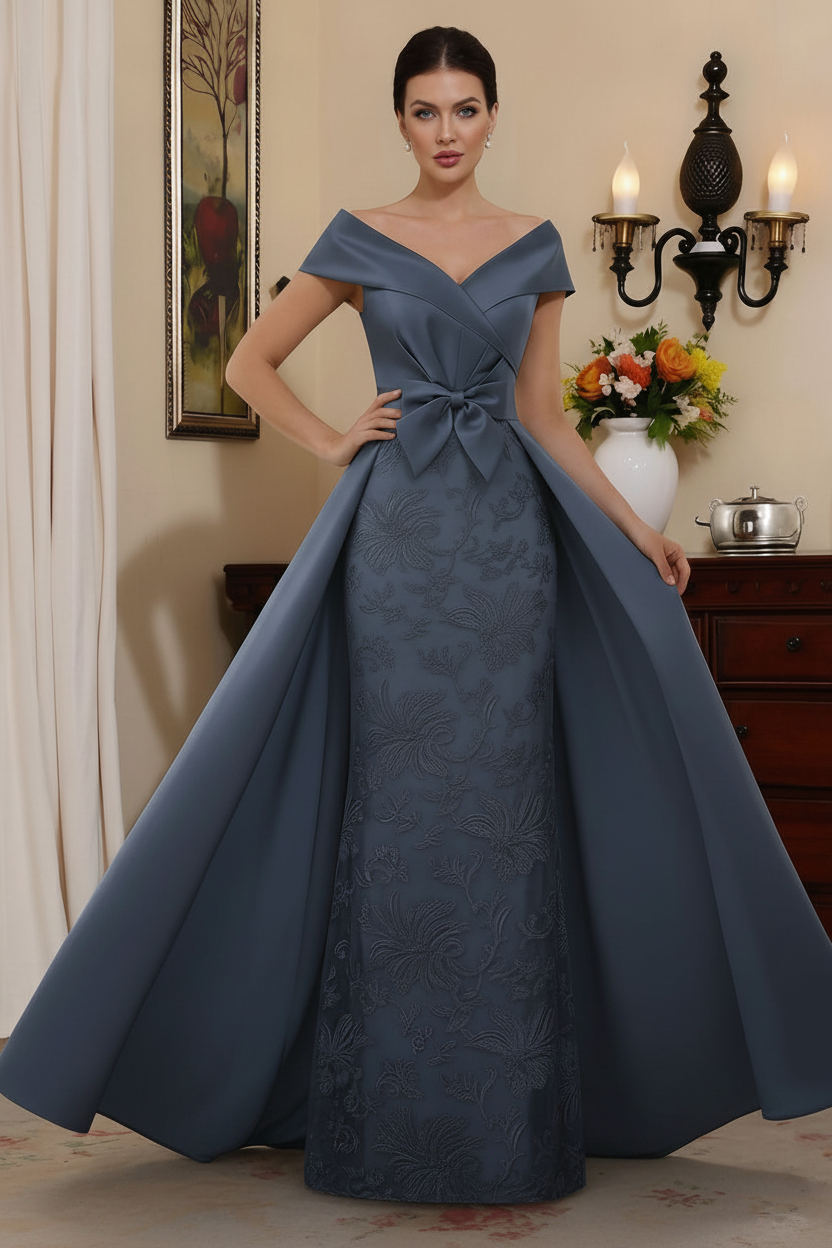 Sheath/Column Off-the-Shoulder Satin Mother of the Bride Dresses with Overskirt Sleeveless Floor-Length Lace Bowknot