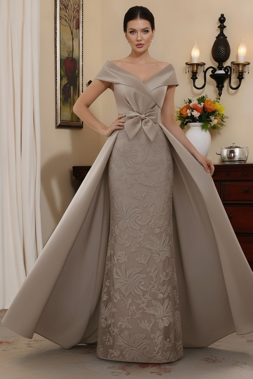 Sheath/Column Off-the-Shoulder Satin Mother of the Bride Dresses with Overskirt Sleeveless Floor-Length Lace Bowknot