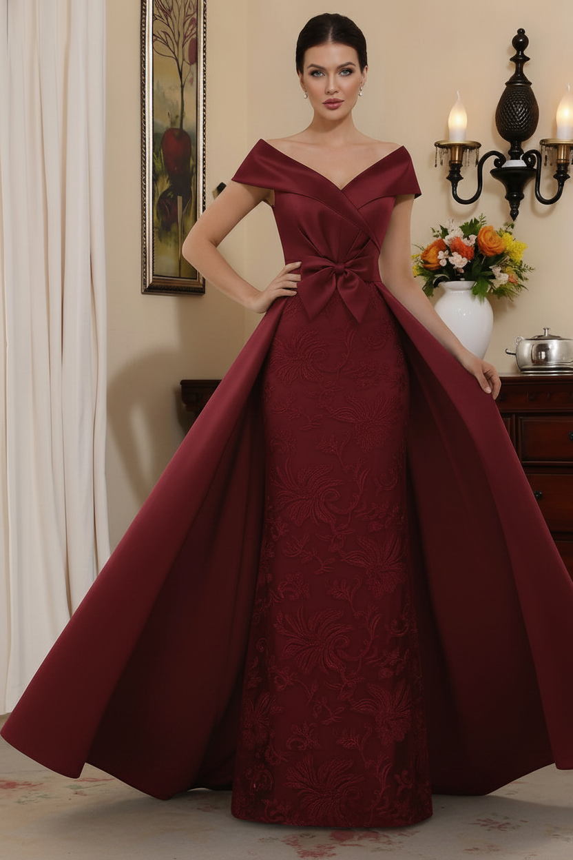 Sheath/Column Off-the-Shoulder Satin Mother of the Bride Dresses with Overskirt Sleeveless Floor-Length Lace Bowknot
