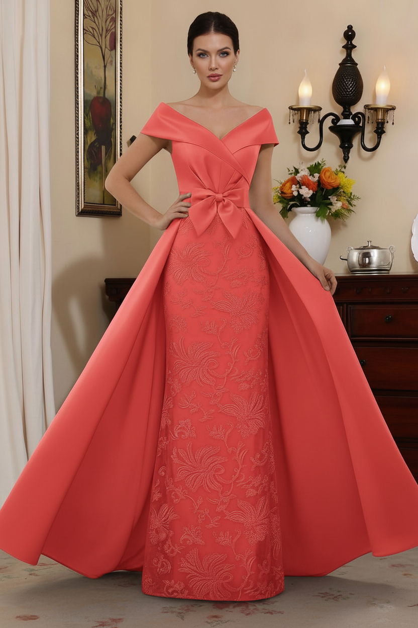 Sheath/Column Off-the-Shoulder Satin Mother of the Bride Dresses with Overskirt Sleeveless Floor-Length Lace Bowknot