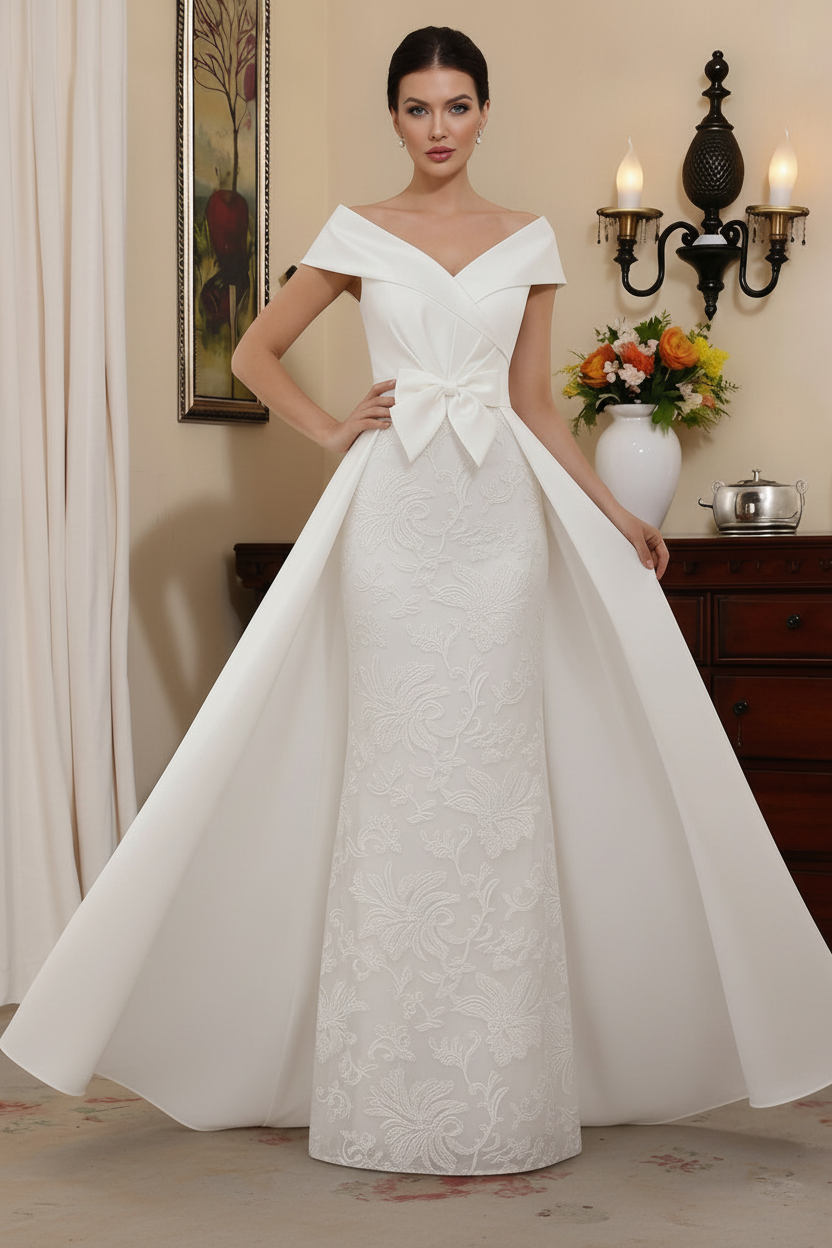 Sheath/Column Off-the-Shoulder Satin Mother of the Bride Dresses with Overskirt Sleeveless Floor-Length Lace Bowknot