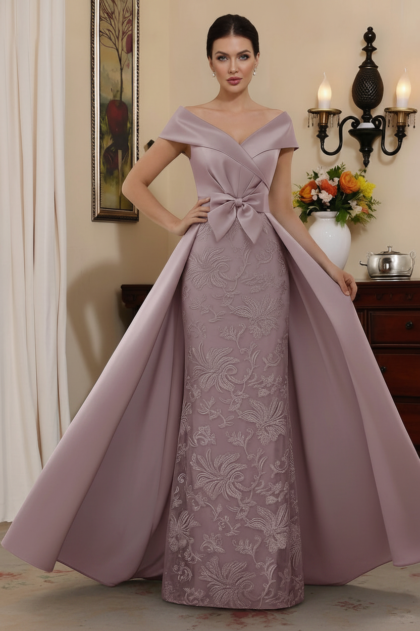 Sheath/Column Off-the-Shoulder Satin Mother of the Bride Dresses with Overskirt Sleeveless Floor-Length Lace Bowknot