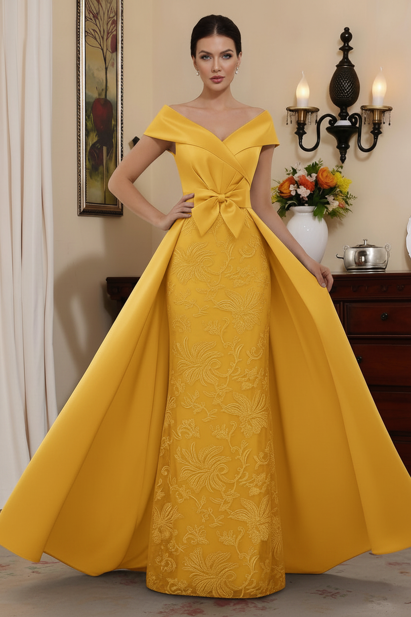Sheath/Column Off-the-Shoulder Satin Mother of the Bride Dresses with Overskirt Sleeveless Floor-Length Lace Bowknot
