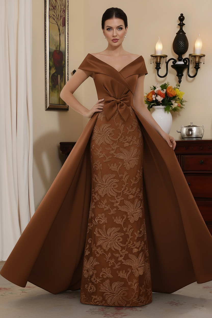 Sheath/Column Off-the-Shoulder Satin Mother of the Bride Dresses with Overskirt Sleeveless Floor-Length Lace Bowknot
