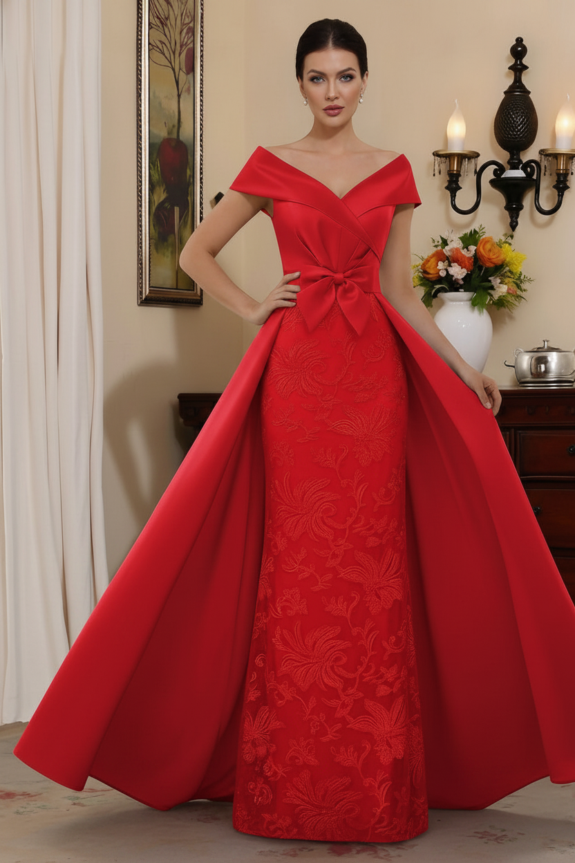 Sheath/Column Off-the-Shoulder Satin Mother of the Bride Dresses with Overskirt Sleeveless Floor-Length Lace Bowknot