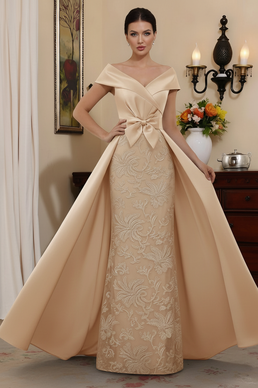 Sheath/Column Off-the-Shoulder Satin Mother of the Bride Dresses with Overskirt Sleeveless Floor-Length Lace Bowknot