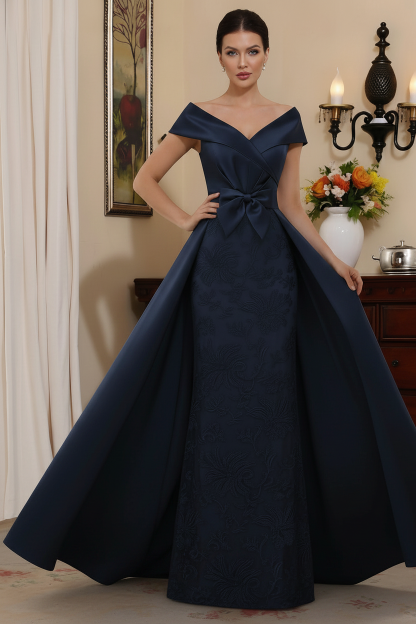 Sheath/Column Off-the-Shoulder Satin Mother of the Bride Dresses with Overskirt Sleeveless Floor-Length Lace Bowknot