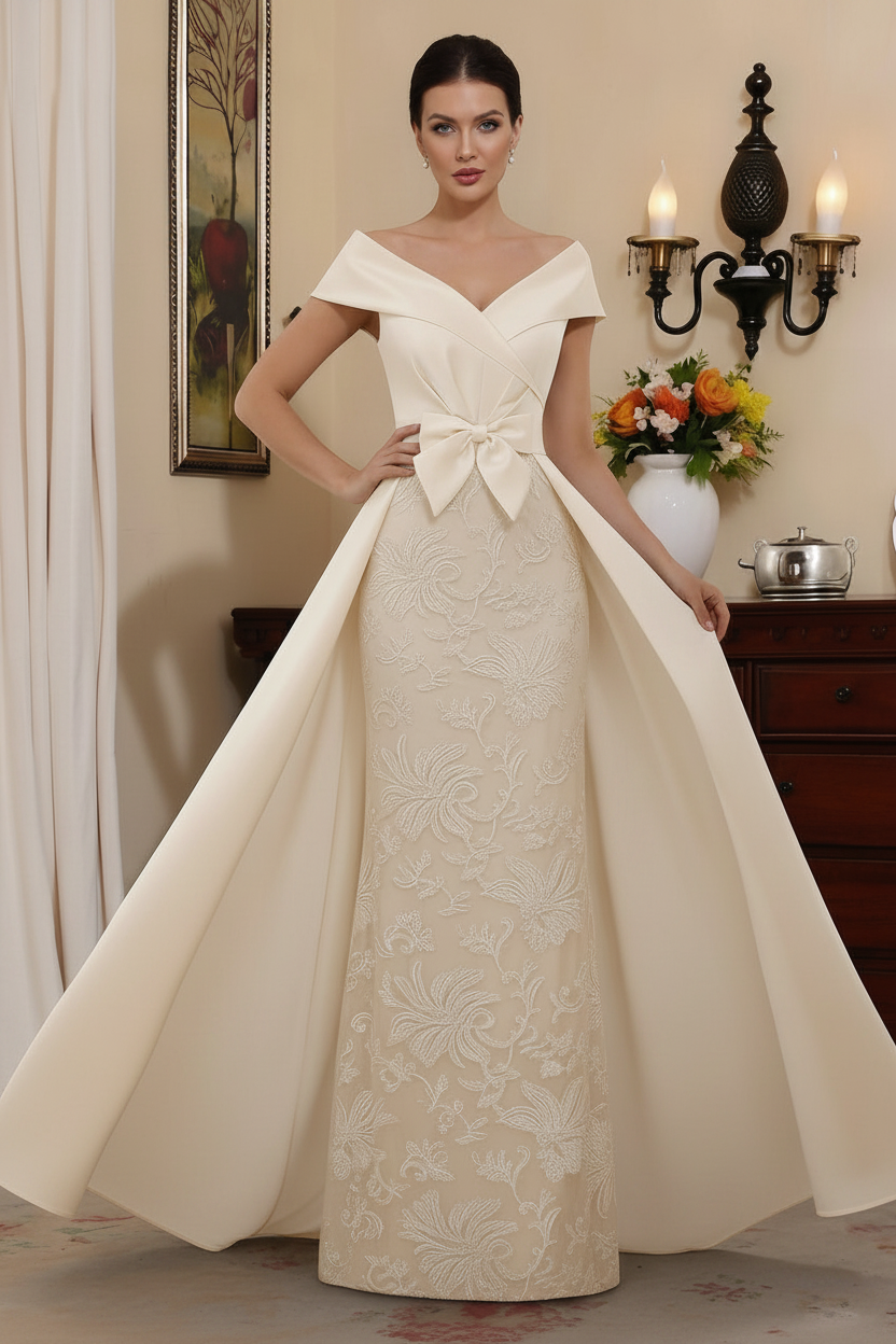 Sheath/Column Off-the-Shoulder Satin Mother of the Bride Dresses with Overskirt Sleeveless Floor-Length Lace Bowknot