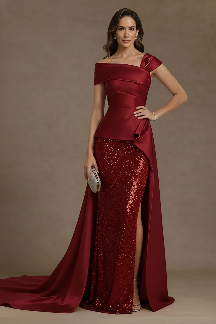 Sheath/Column Off-the-Shoulder Satin Mother of the Bride Dresses with Split Side Sequins Sleeveless Floor-Length Ruched