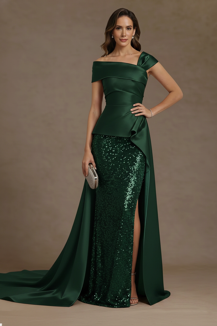 Sheath/Column Off-the-Shoulder Satin Mother of the Bride Dresses with Split Side Sequins Sleeveless Floor-Length Ruched