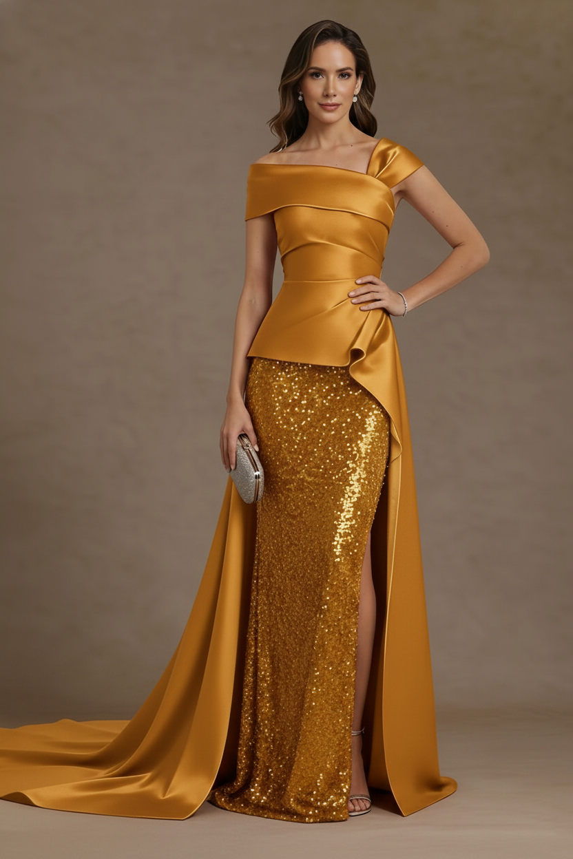 Sheath/Column Off-the-Shoulder Satin Mother of the Bride Dresses with Split Side Sequins Sleeveless Floor-Length Ruched