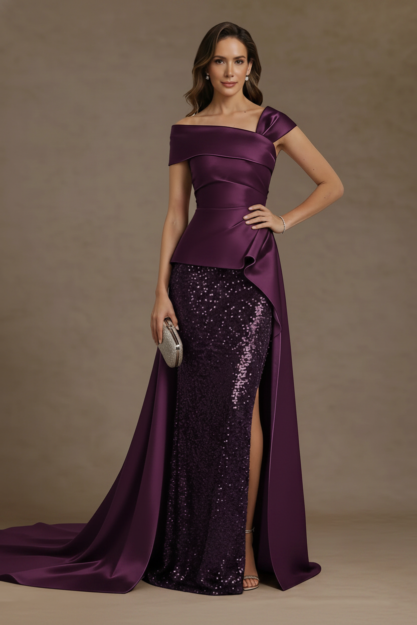 Sheath/Column Off-the-Shoulder Satin Mother of the Bride Dresses with Split Side Sequins Sleeveless Floor-Length Ruched