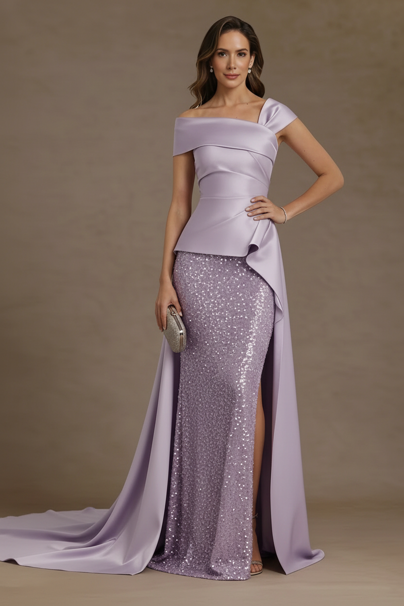 Sheath/Column Off-the-Shoulder Satin Mother of the Bride Dresses with Split Side Sequins Sleeveless Floor-Length Ruched
