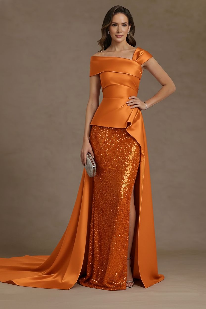 Sheath/Column Off-the-Shoulder Satin Mother of the Bride Dresses with Split Side Sequins Sleeveless Floor-Length Ruched