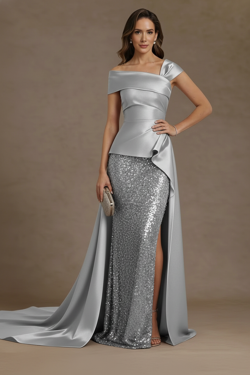 Sheath/Column Off-the-Shoulder Satin Mother of the Bride Dresses with Split Side Sequins Sleeveless Floor-Length Ruched