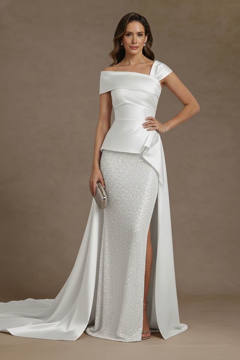 Sheath/Column Off-the-Shoulder Satin Mother of the Bride Dresses with Split Side Sequins Sleeveless Floor-Length Ruched
