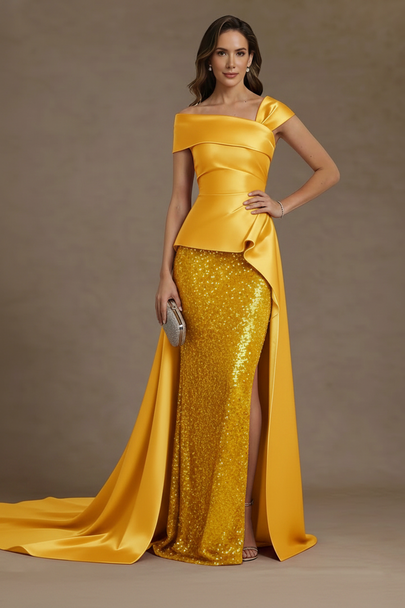 Sheath/Column Off-the-Shoulder Satin Mother of the Bride Dresses with Split Side Sequins Sleeveless Floor-Length Ruched