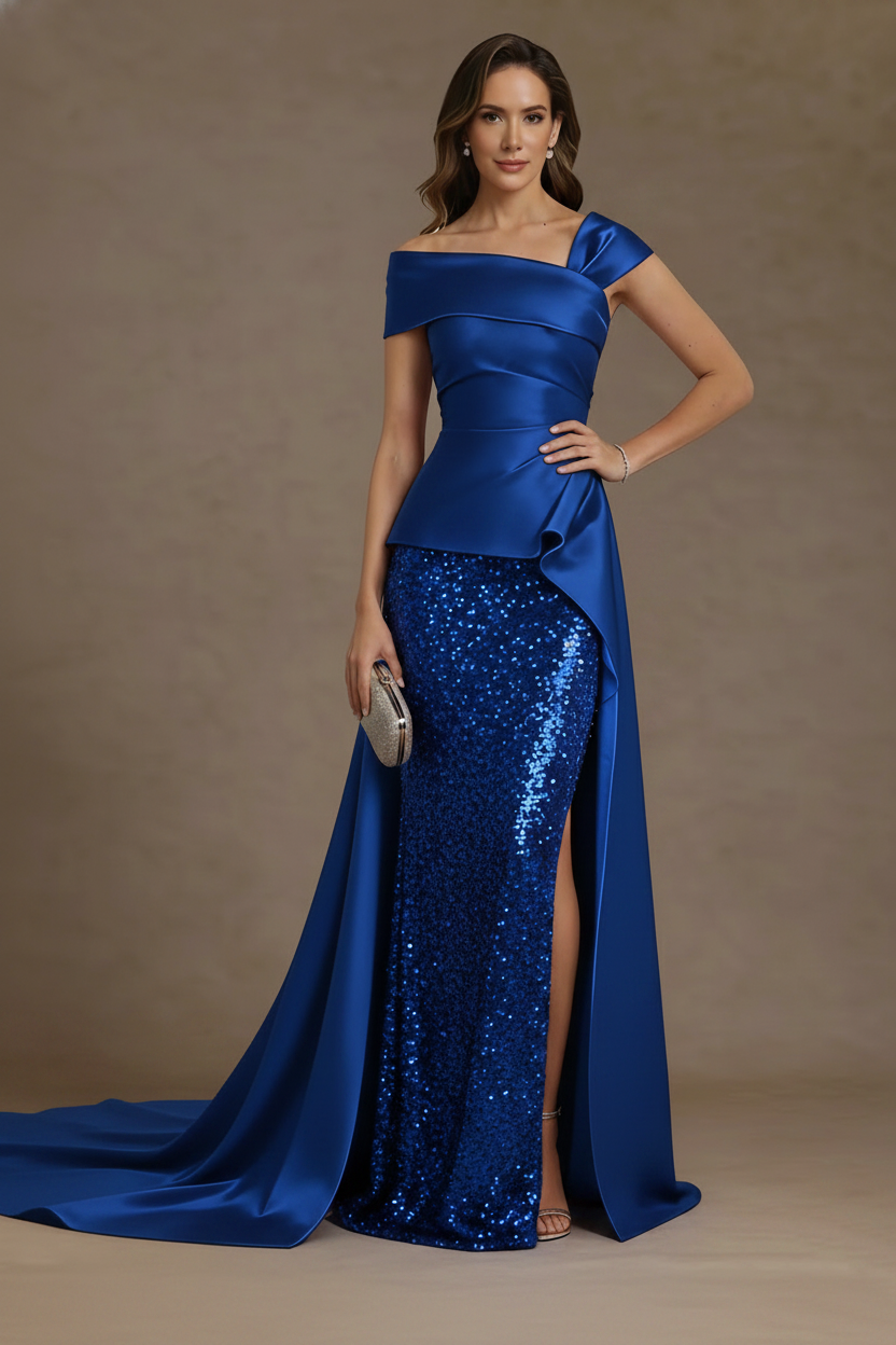 Sheath/Column Off-the-Shoulder Satin Mother of the Bride Dresses with Split Side Sequins Sleeveless Floor-Length Ruched