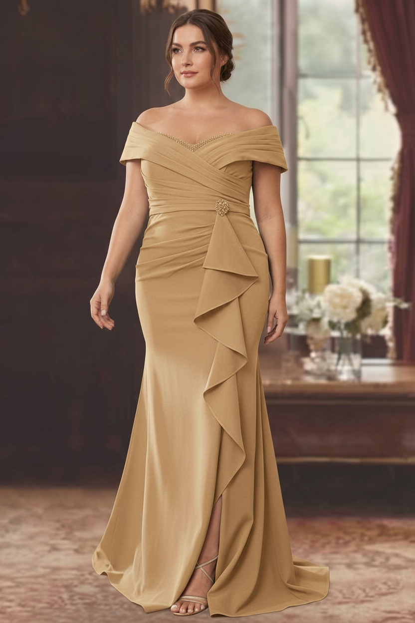 Sheath/Column Off-the-Shoulder Sleeveless Floor-Length Plus Size Mother of the Bride Dresses With Ruffles