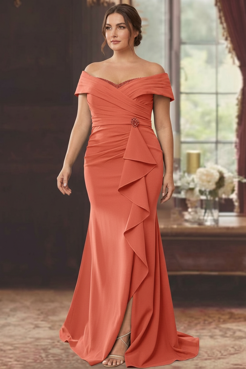 Sheath/Column Off-the-Shoulder Sleeveless Floor-Length Plus Size Mother of the Bride Dresses With Ruffles