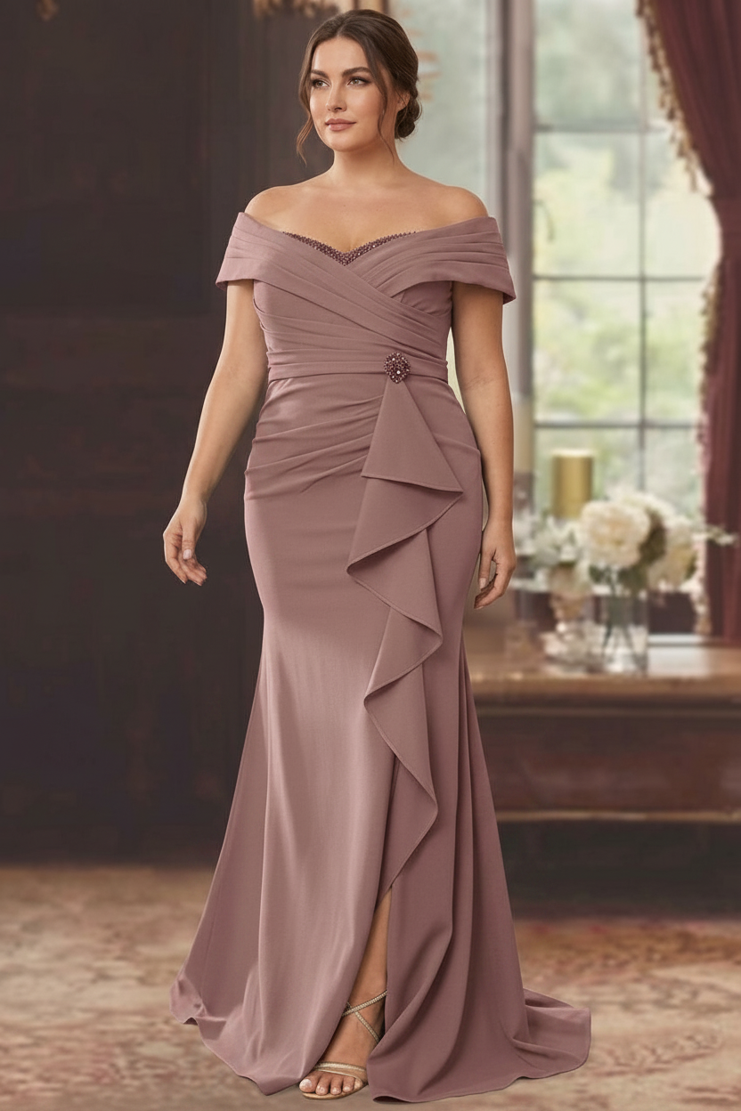 Sheath/Column Off-the-Shoulder Sleeveless Floor-Length Plus Size Mother of the Bride Dresses With Ruffles