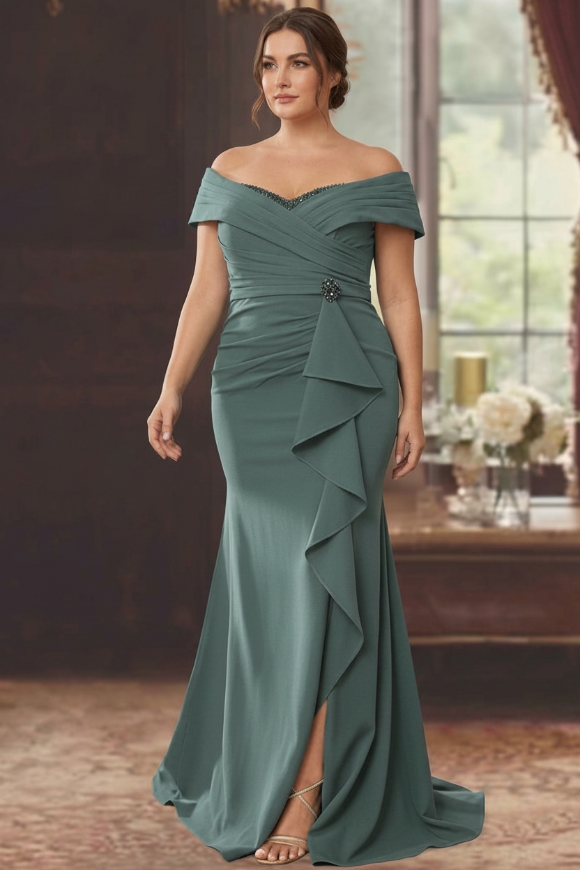 Sheath/Column Off-the-Shoulder Sleeveless Floor-Length Plus Size Mother of the Bride Dresses With Ruffles