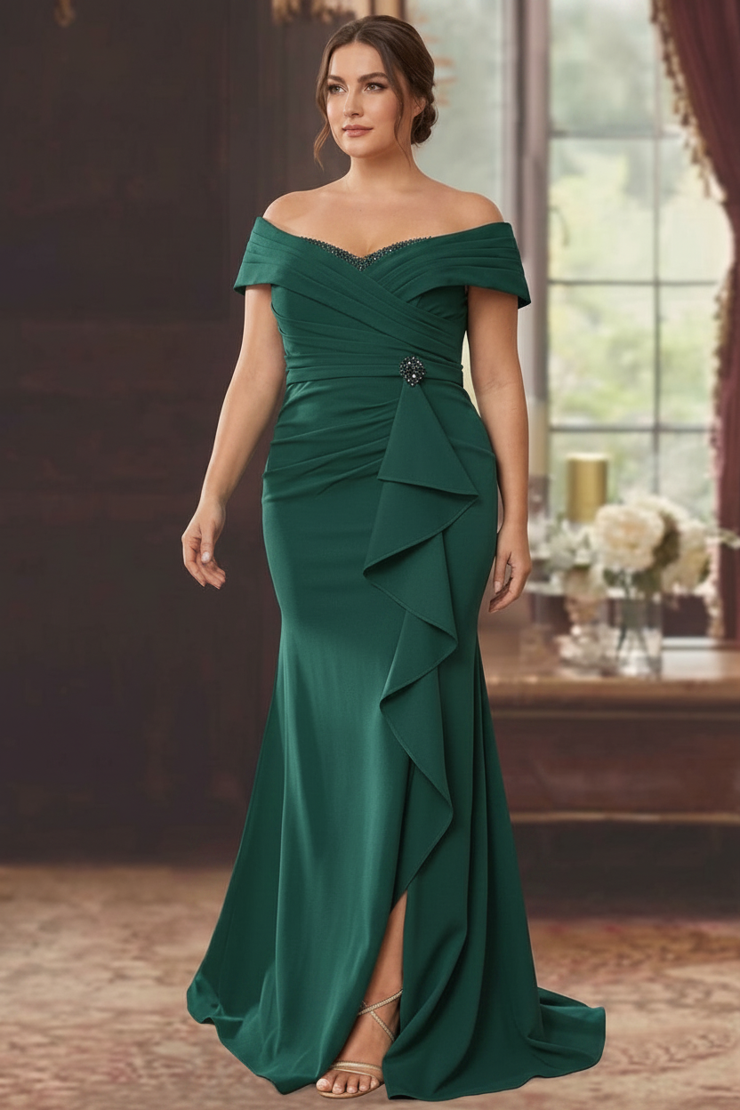 Sheath/Column Off-the-Shoulder Sleeveless Floor-Length Plus Size Mother of the Bride Dresses With Ruffles