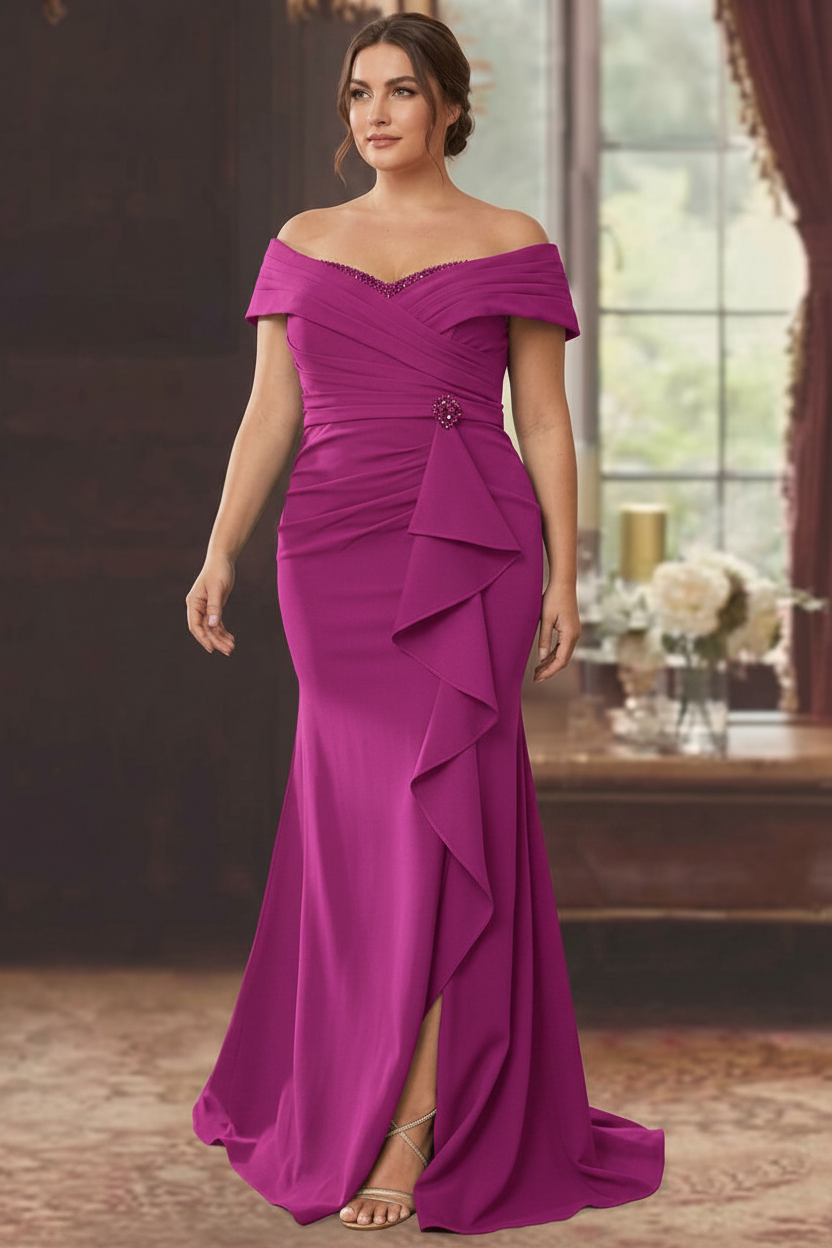 Sheath/Column Off-the-Shoulder Sleeveless Floor-Length Plus Size Mother of the Bride Dresses With Ruffles