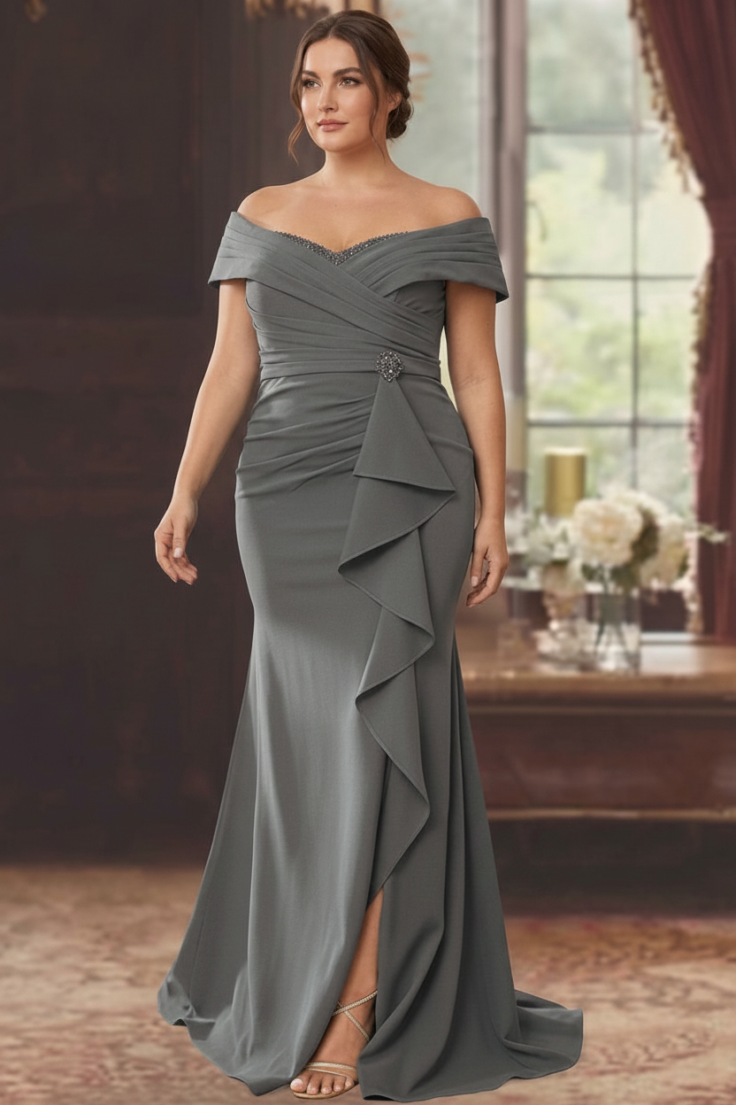 Sheath/Column Off-the-Shoulder Sleeveless Floor-Length Plus Size Mother of the Bride Dresses With Ruffles