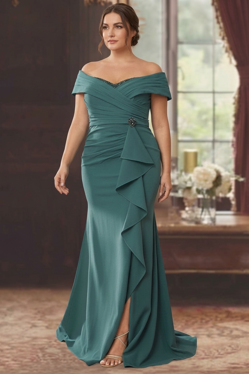 Sheath/Column Off-the-Shoulder Sleeveless Floor-Length Plus Size Mother of the Bride Dresses With Ruffles