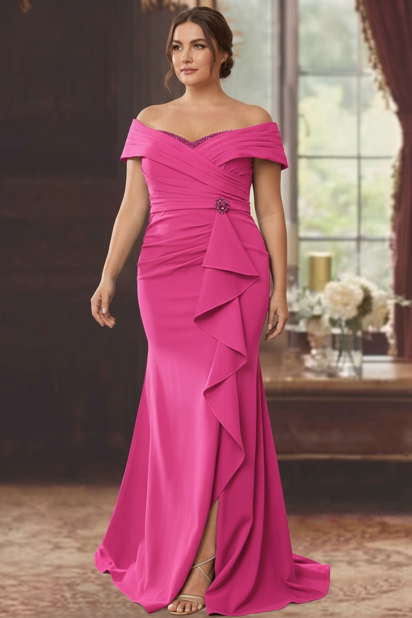 Sheath/Column Off-the-Shoulder Sleeveless Floor-Length Plus Size Mother of the Bride Dresses With Ruffles