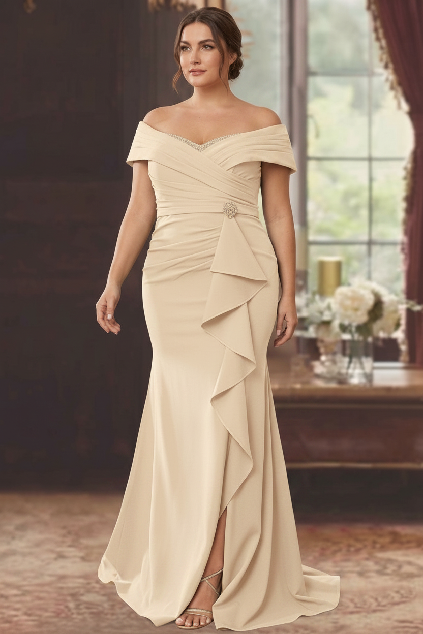 Sheath/Column Off-the-Shoulder Sleeveless Floor-Length Plus Size Mother of the Bride Dresses With Ruffles
