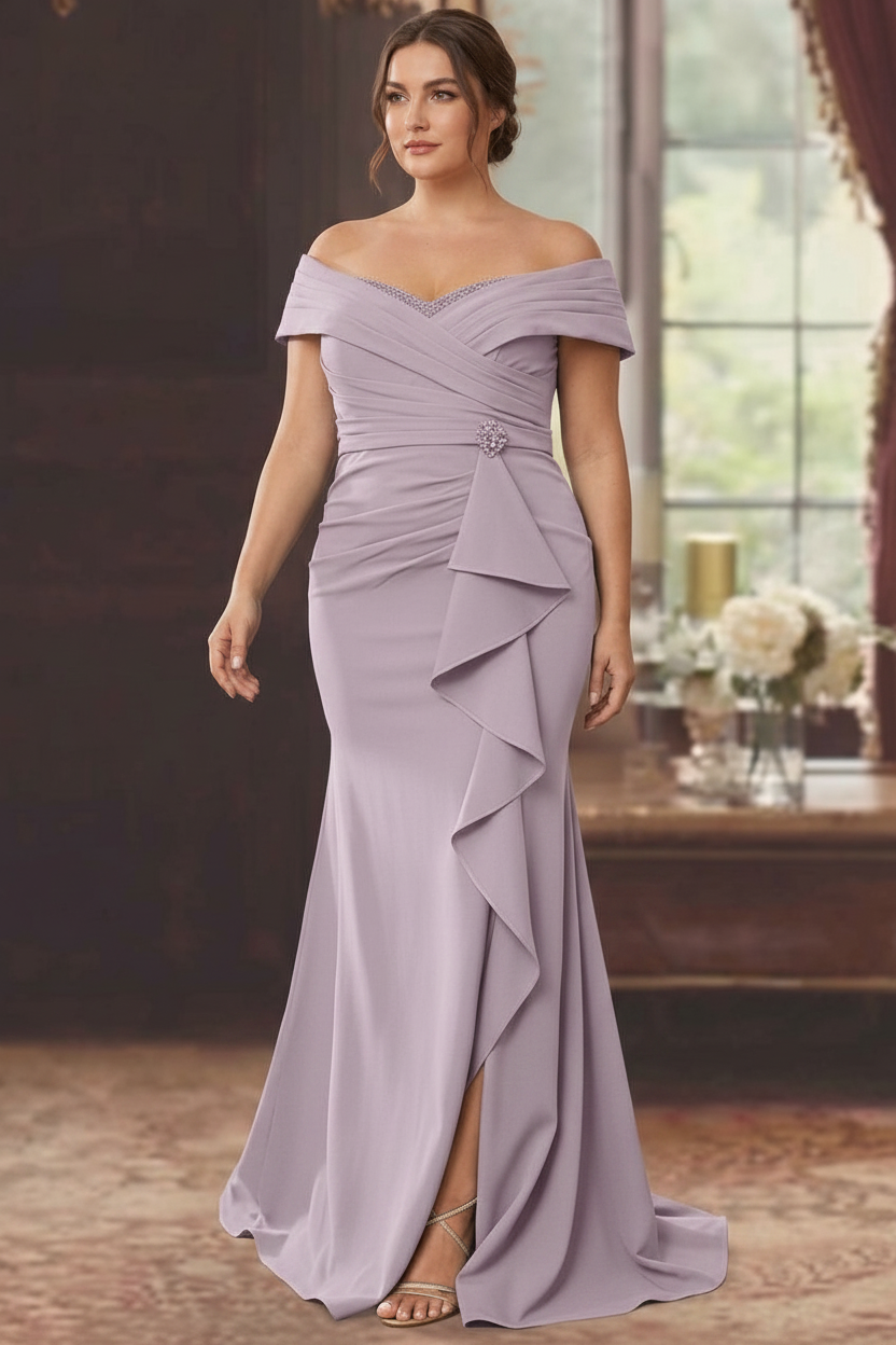 Sheath/Column Off-the-Shoulder Sleeveless Floor-Length Plus Size Mother of the Bride Dresses With Ruffles