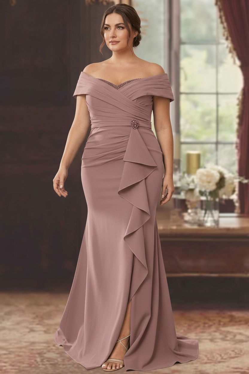 Sheath/Column Off-the-Shoulder Sleeveless Floor-Length Plus Size Mother of the Bride Dresses With Ruffles