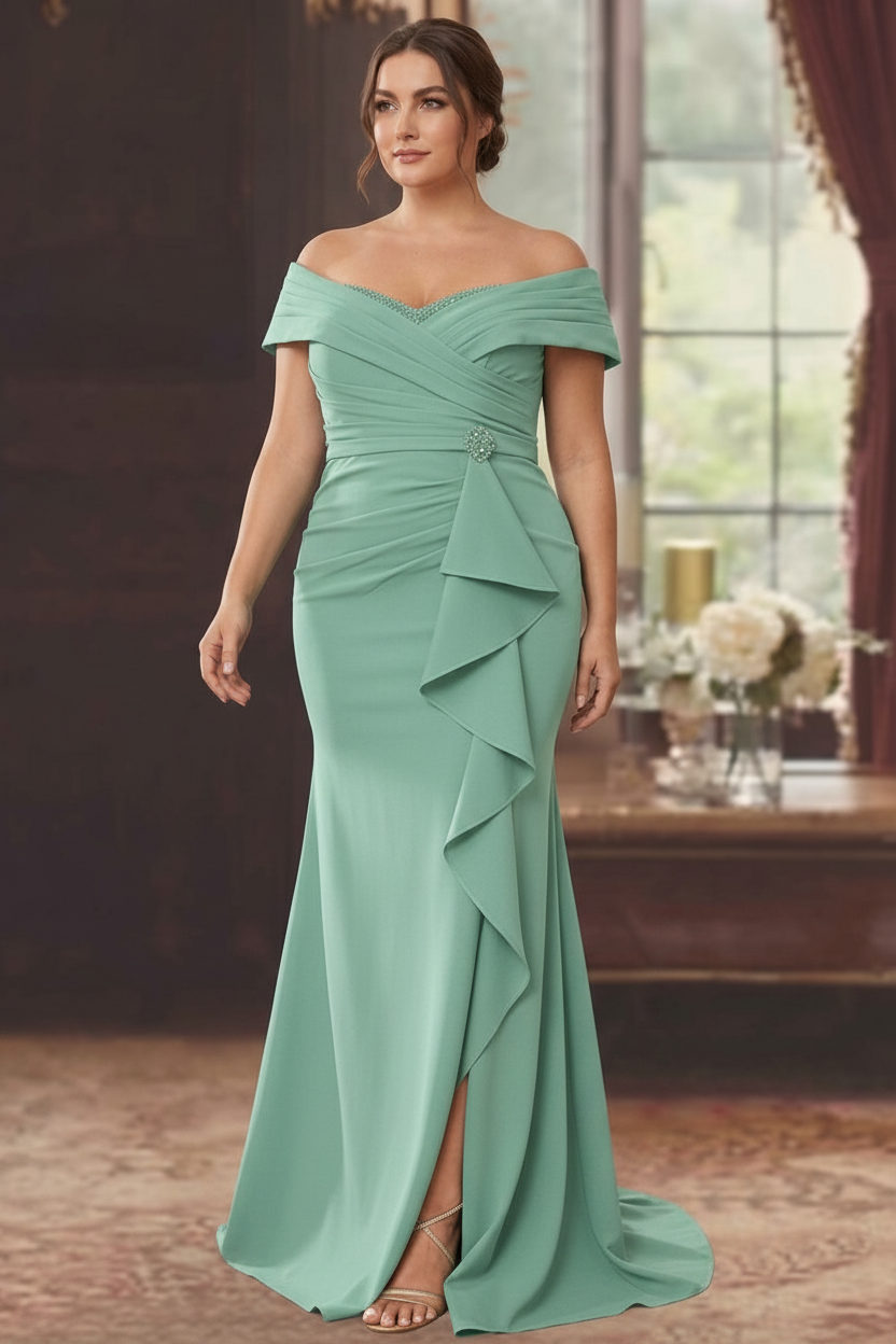 Sheath/Column Off-the-Shoulder Sleeveless Floor-Length Plus Size Mother of the Bride Dresses With Ruffles