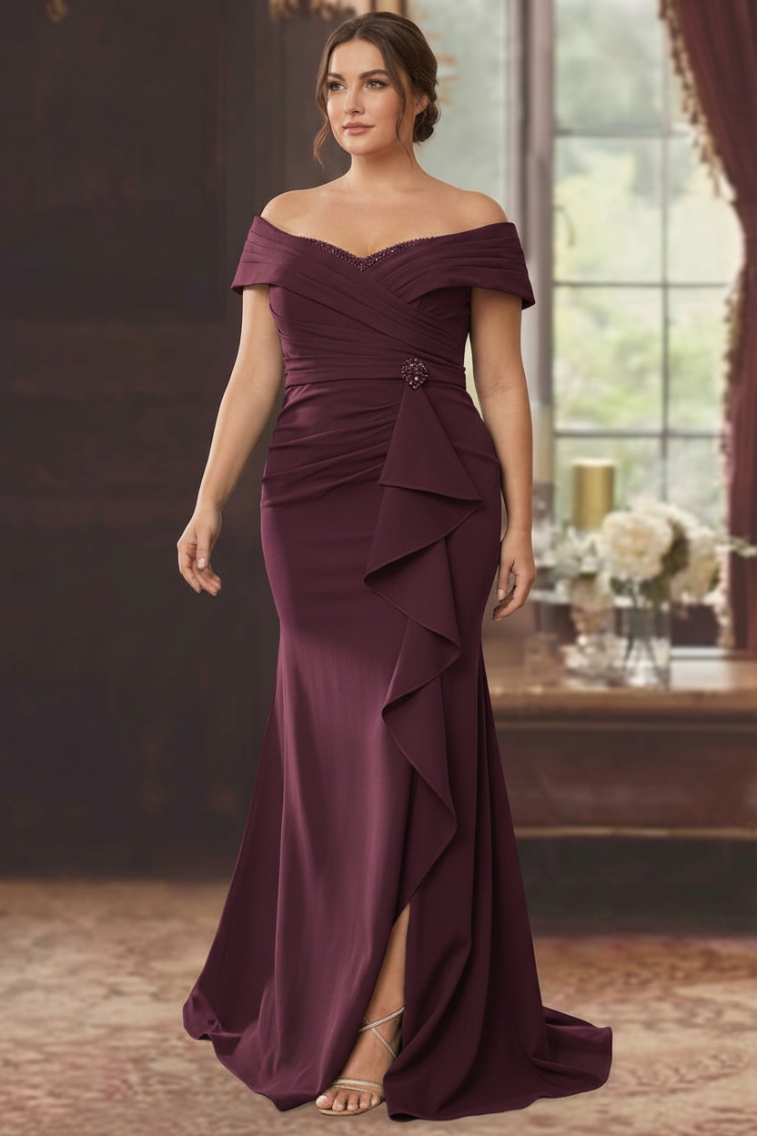 Sheath/Column Off-the-Shoulder Sleeveless Floor-Length Plus Size Mother of the Bride Dresses With Ruffles
