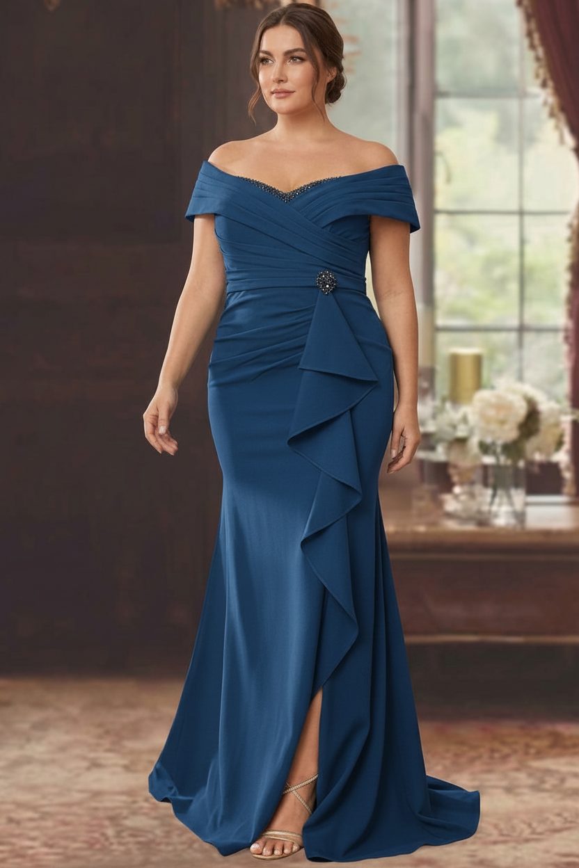 Sheath/Column Off-the-Shoulder Sleeveless Floor-Length Plus Size Mother of the Bride Dresses With Ruffles