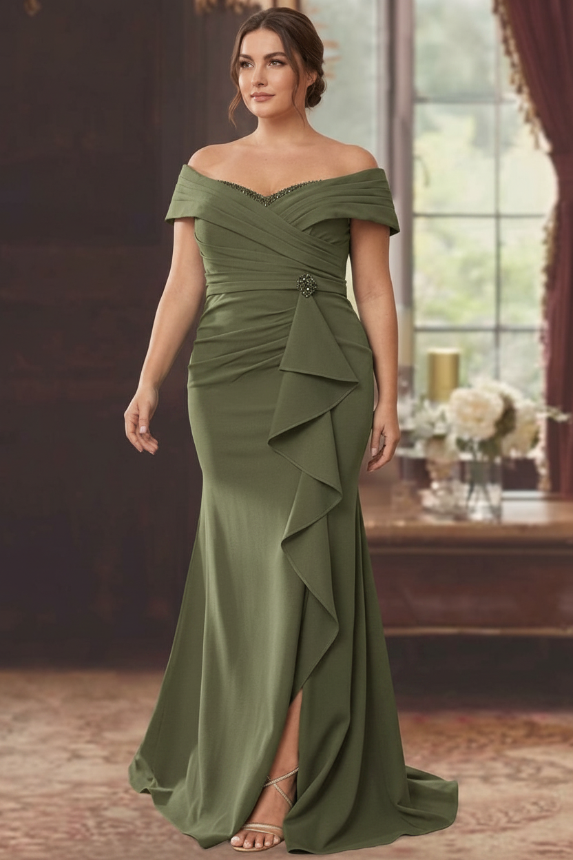 Sheath/Column Off-the-Shoulder Sleeveless Floor-Length Plus Size Mother of the Bride Dresses With Ruffles