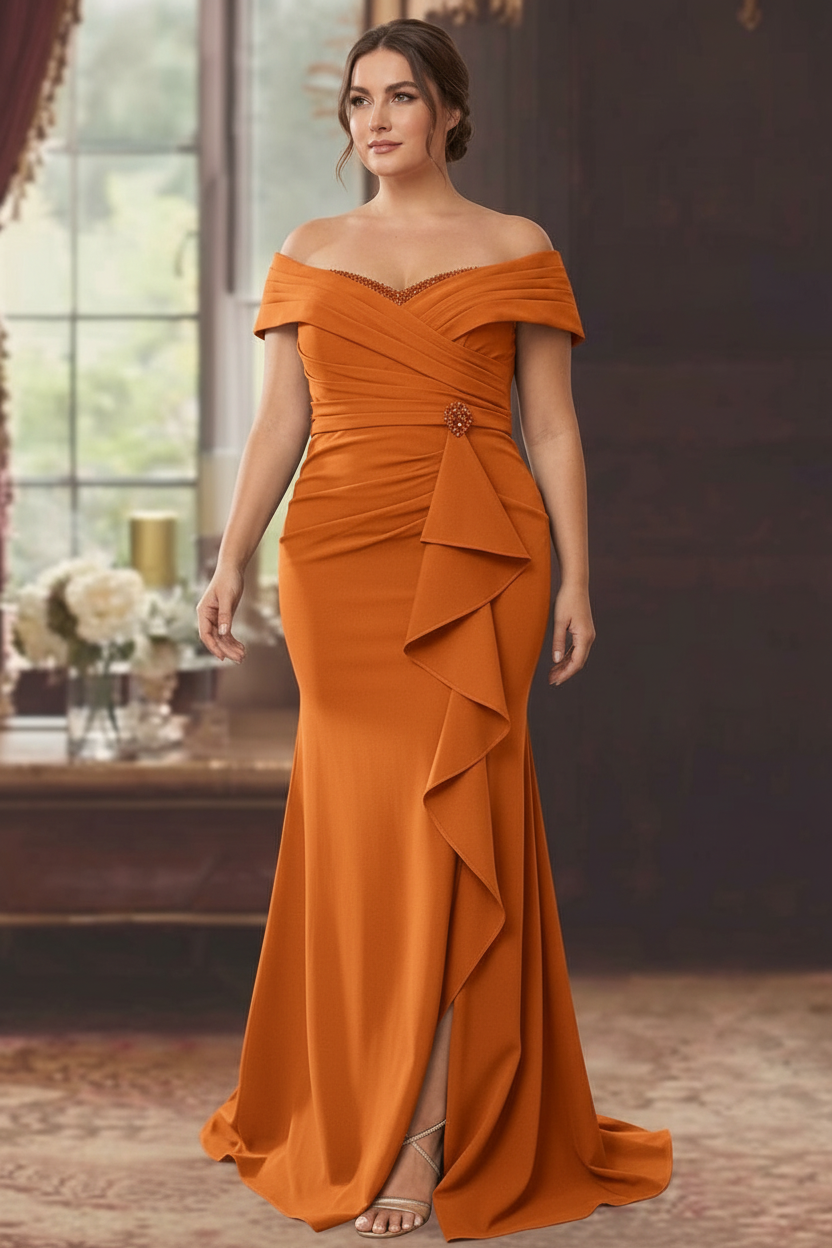 Sheath/Column Off-the-Shoulder Sleeveless Floor-Length Plus Size Mother of the Bride Dresses With Ruffles