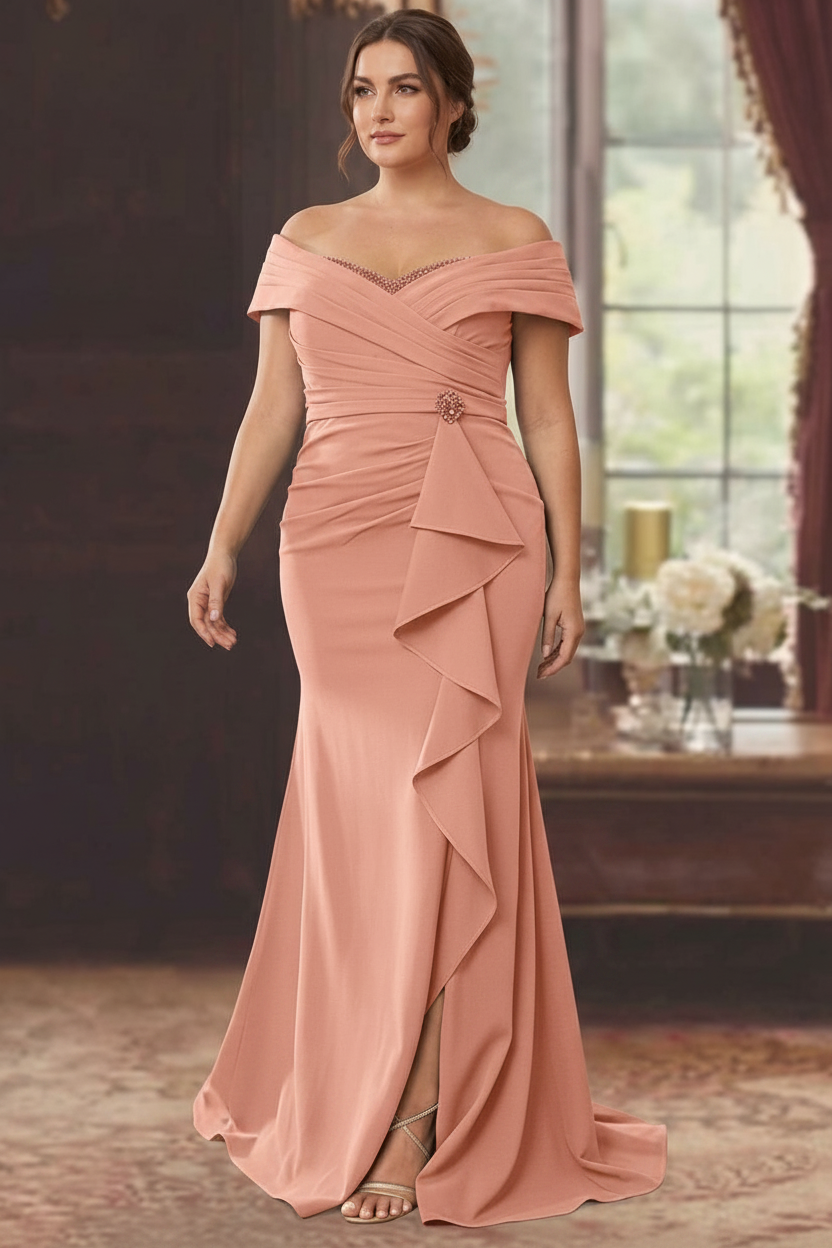 Sheath/Column Off-the-Shoulder Sleeveless Floor-Length Plus Size Mother of the Bride Dresses With Ruffles
