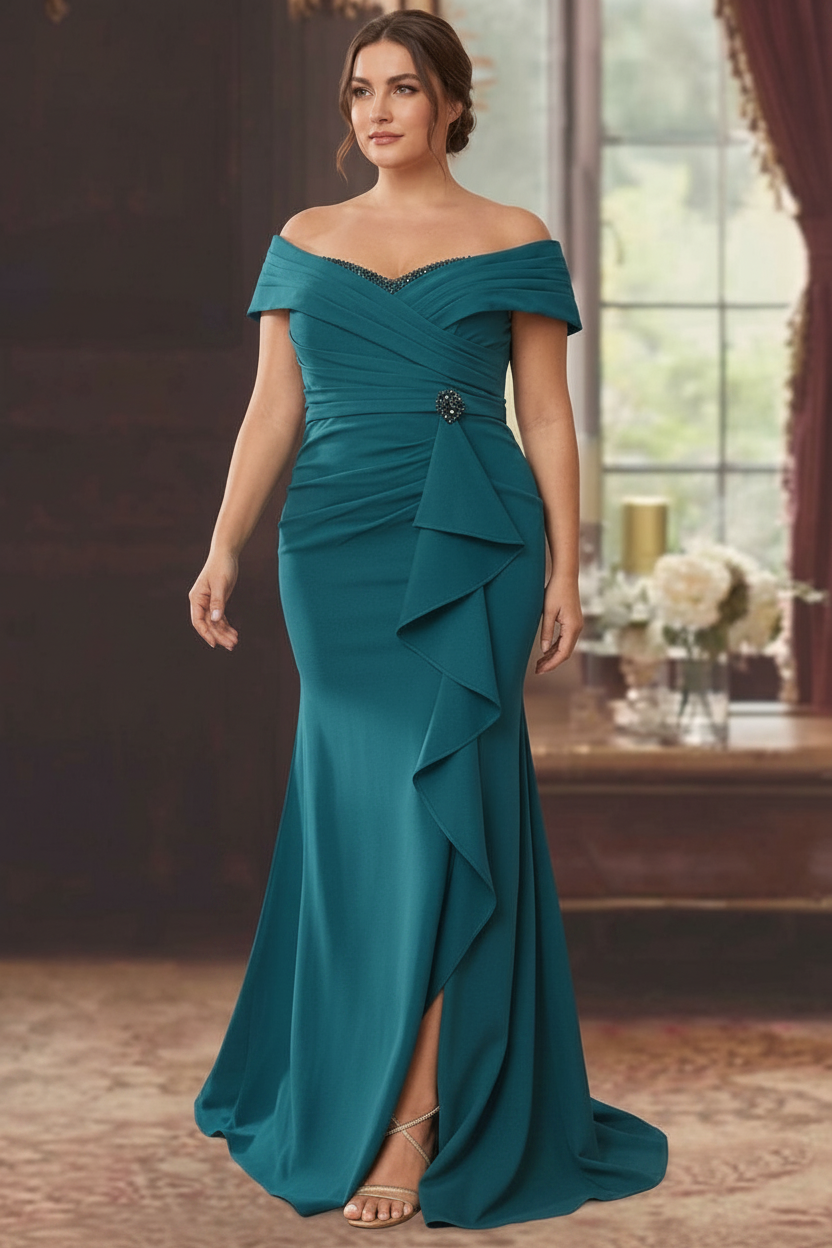 Sheath/Column Off-the-Shoulder Sleeveless Floor-Length Plus Size Mother of the Bride Dresses With Ruffles