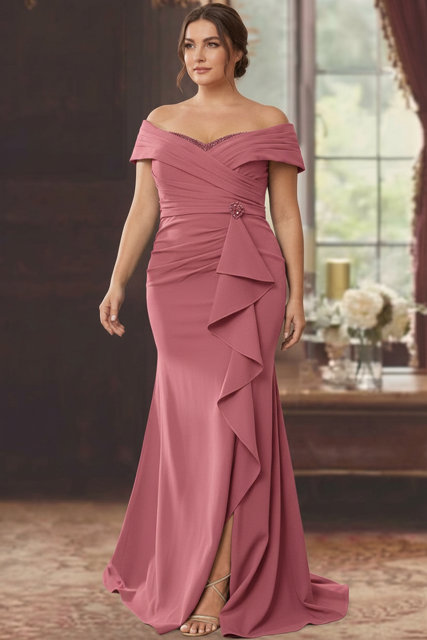 Sheath/Column Off-the-Shoulder Sleeveless Floor-Length Plus Size Mother of the Bride Dresses With Ruffles