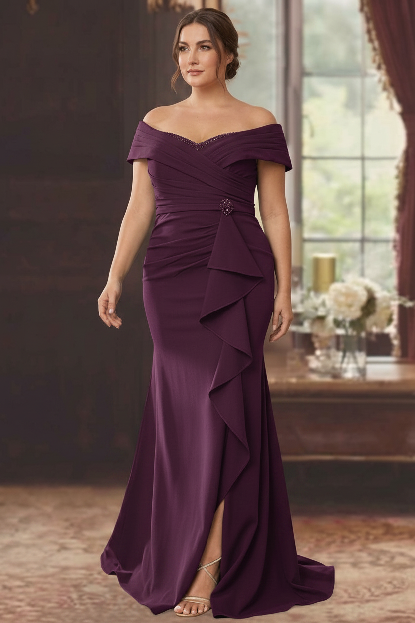 Sheath/Column Off-the-Shoulder Sleeveless Floor-Length Plus Size Mother of the Bride Dresses With Ruffles