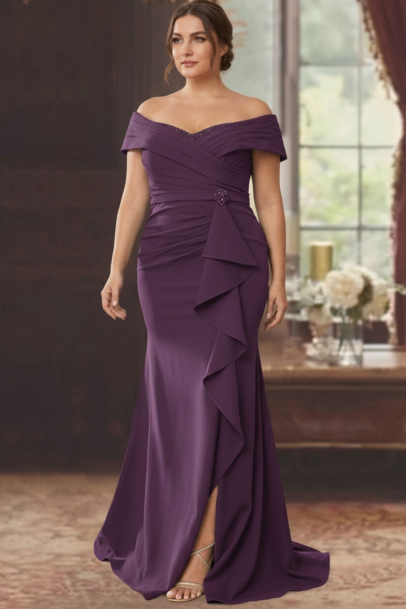 Sheath/Column Off-the-Shoulder Sleeveless Floor-Length Plus Size Mother of the Bride Dresses With Ruffles