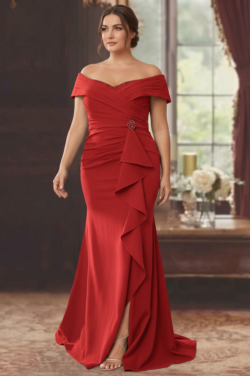 Sheath/Column Off-the-Shoulder Sleeveless Floor-Length Plus Size Mother of the Bride Dresses With Ruffles