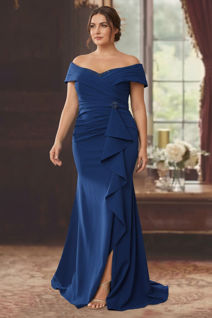 Sheath/Column Off-the-Shoulder Sleeveless Floor-Length Plus Size Mother of the Bride Dresses With Ruffles