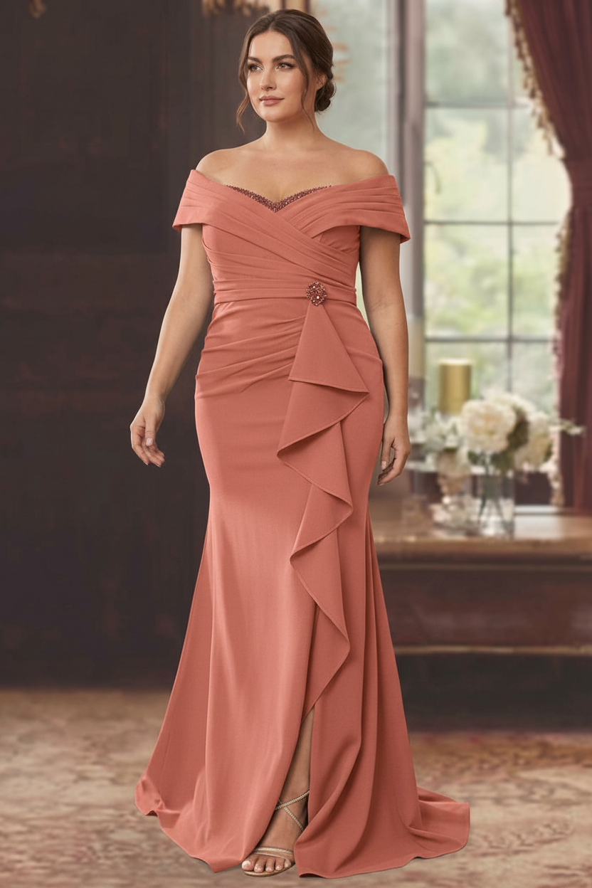 Sheath/Column Off-the-Shoulder Sleeveless Floor-Length Plus Size Mother of the Bride Dresses With Ruffles