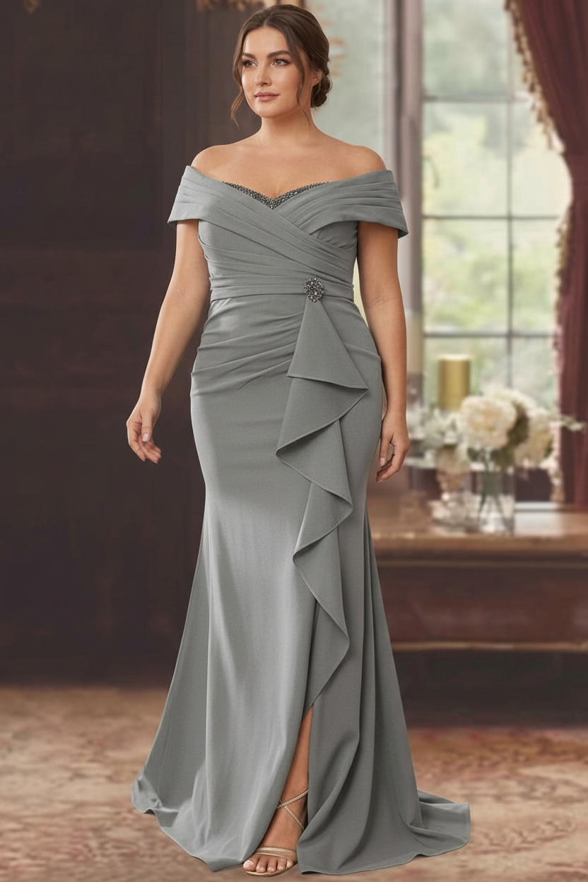 Sheath/Column Off-the-Shoulder Sleeveless Floor-Length Plus Size Mother of the Bride Dresses With Ruffles