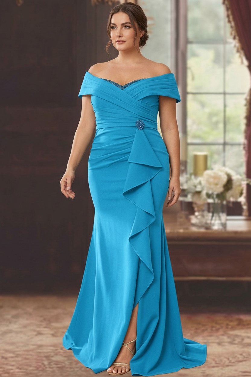 Sheath/Column Off-the-Shoulder Sleeveless Floor-Length Plus Size Mother of the Bride Dresses With Ruffles
