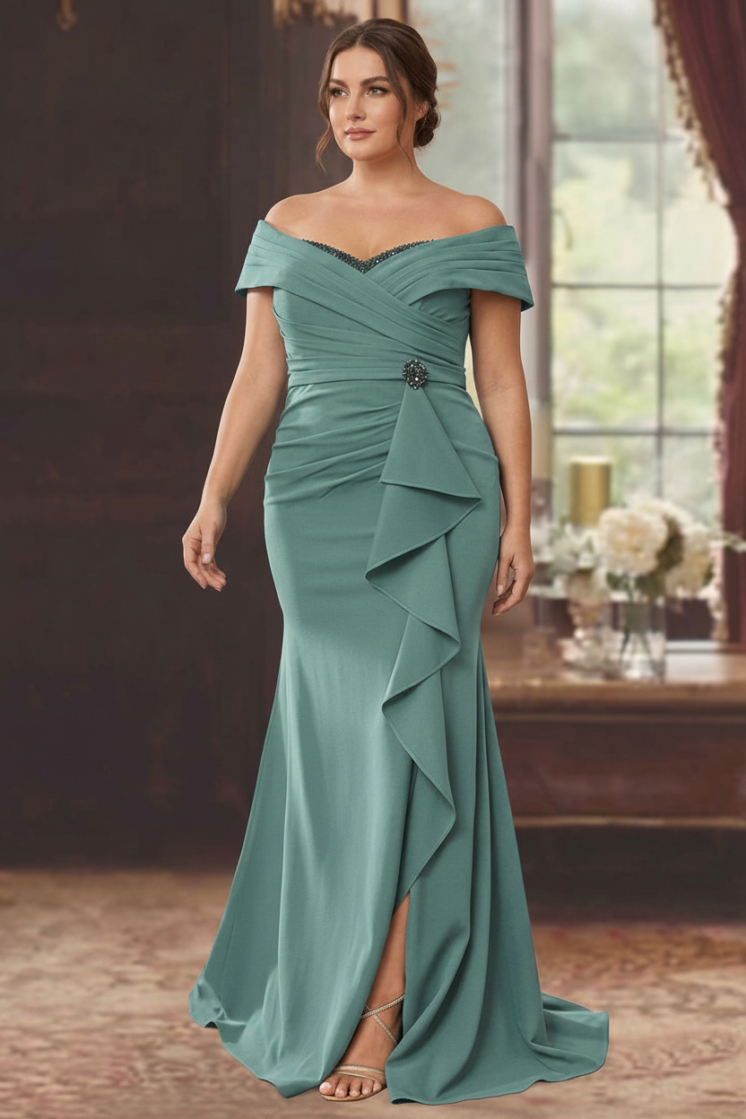 Sheath/Column Off-the-Shoulder Sleeveless Floor-Length Plus Size Mother of the Bride Dresses With Ruffles